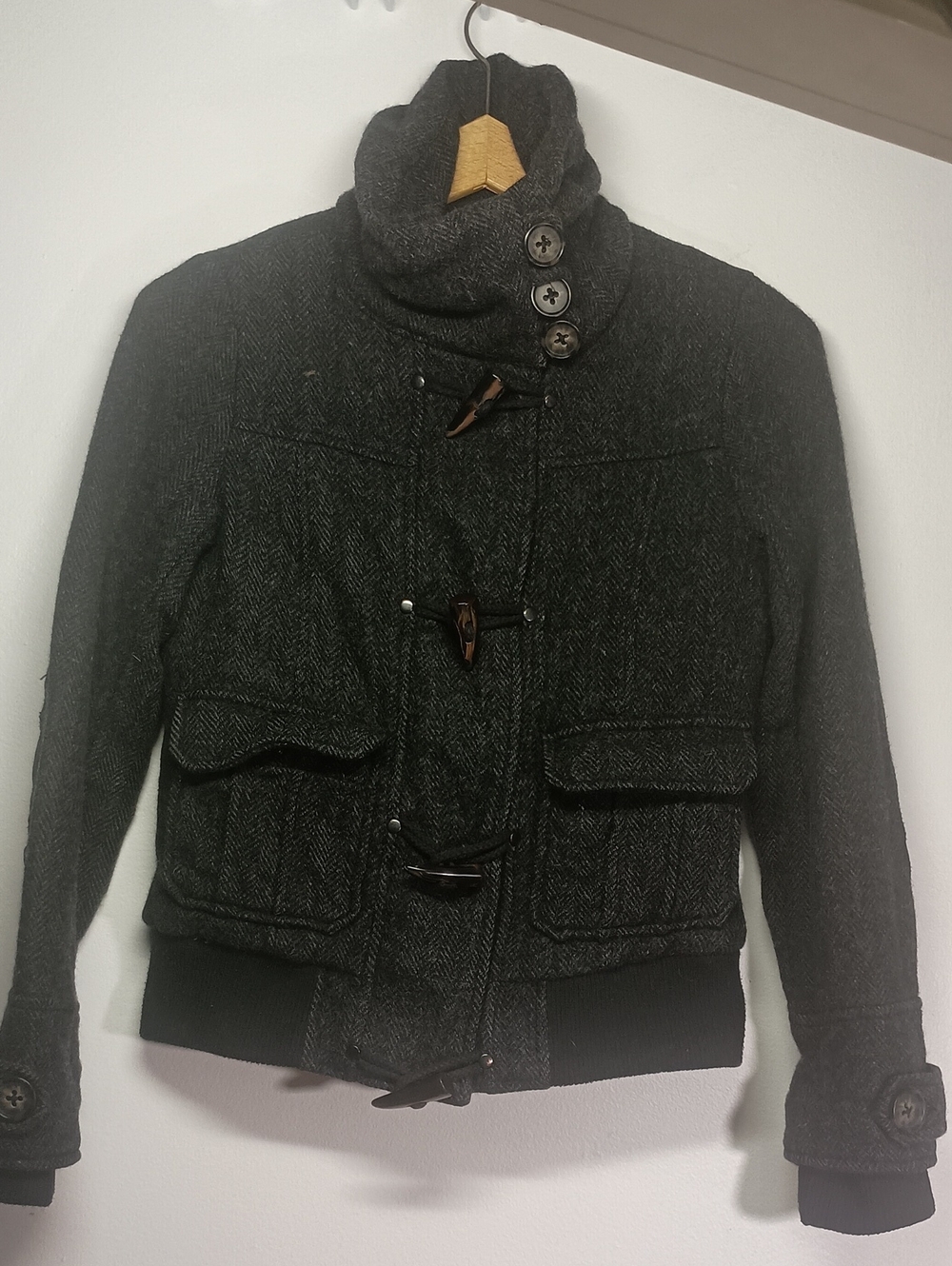 twik Dark Charcoal Herringbone Toggle Military Jacket